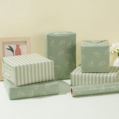 ZINTBIAL Reversible Gift Wrapping Paper Roll - Light Green Background with Beige Leaves - Green Stripe Design - for Birthdays,Weddings,Baby Showers,Mother's Day,Christmas - 17.5" x 33' (48 sq. ft.)