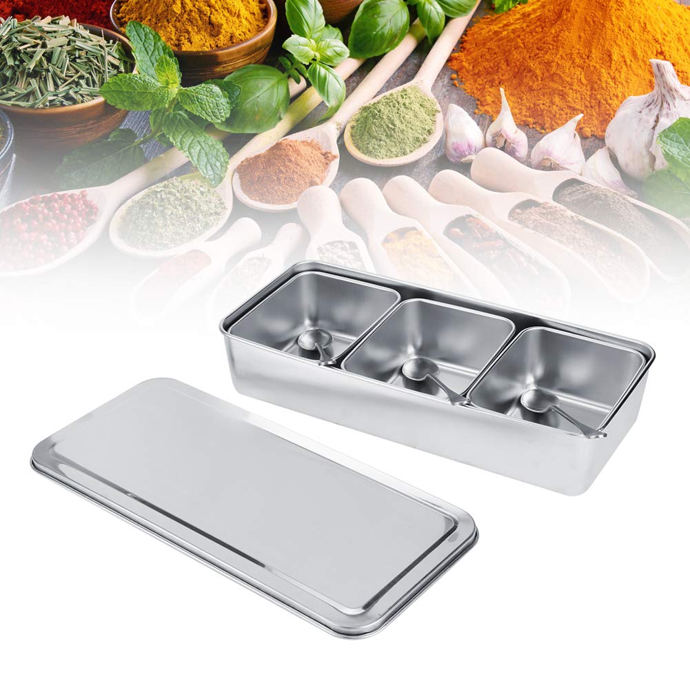 Hitoxi Condiment Server, 21oz Food Grade Stainless Steel Seasoning Jar with Spoon & Lid 3 Removable Compartments 3 Pcs Spices Container Set for Salt Sugar Cruet Snacks Flour Dry Goods
