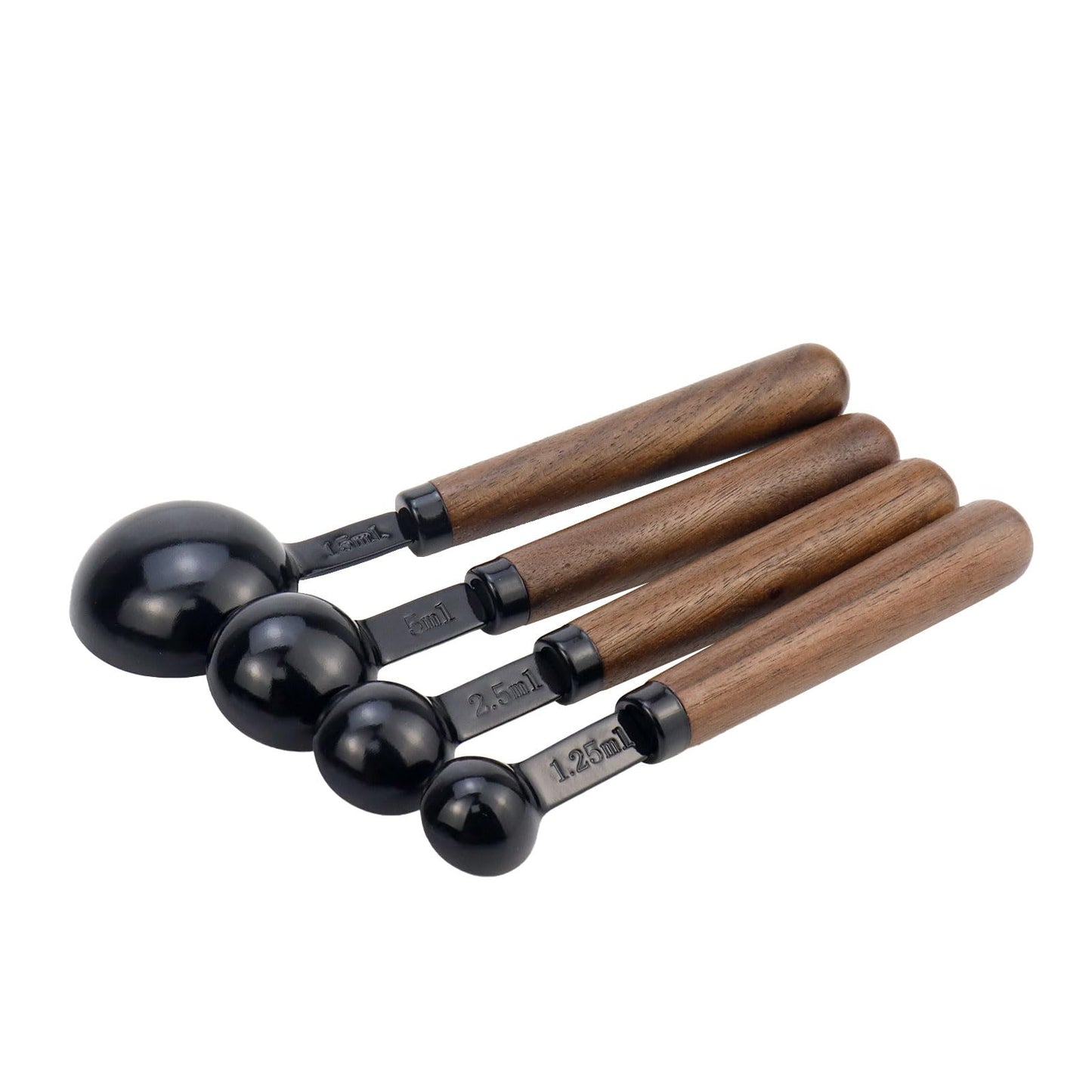 Mewutal Set of 4 Measuring Spoons Black Measuring Scoops with Wooden Handle Stainless Steel Measuring Spoons Set for Kitchen Flour Spice Seasoning Measurement (15ml+5ml+2.5ml+1.25ml)