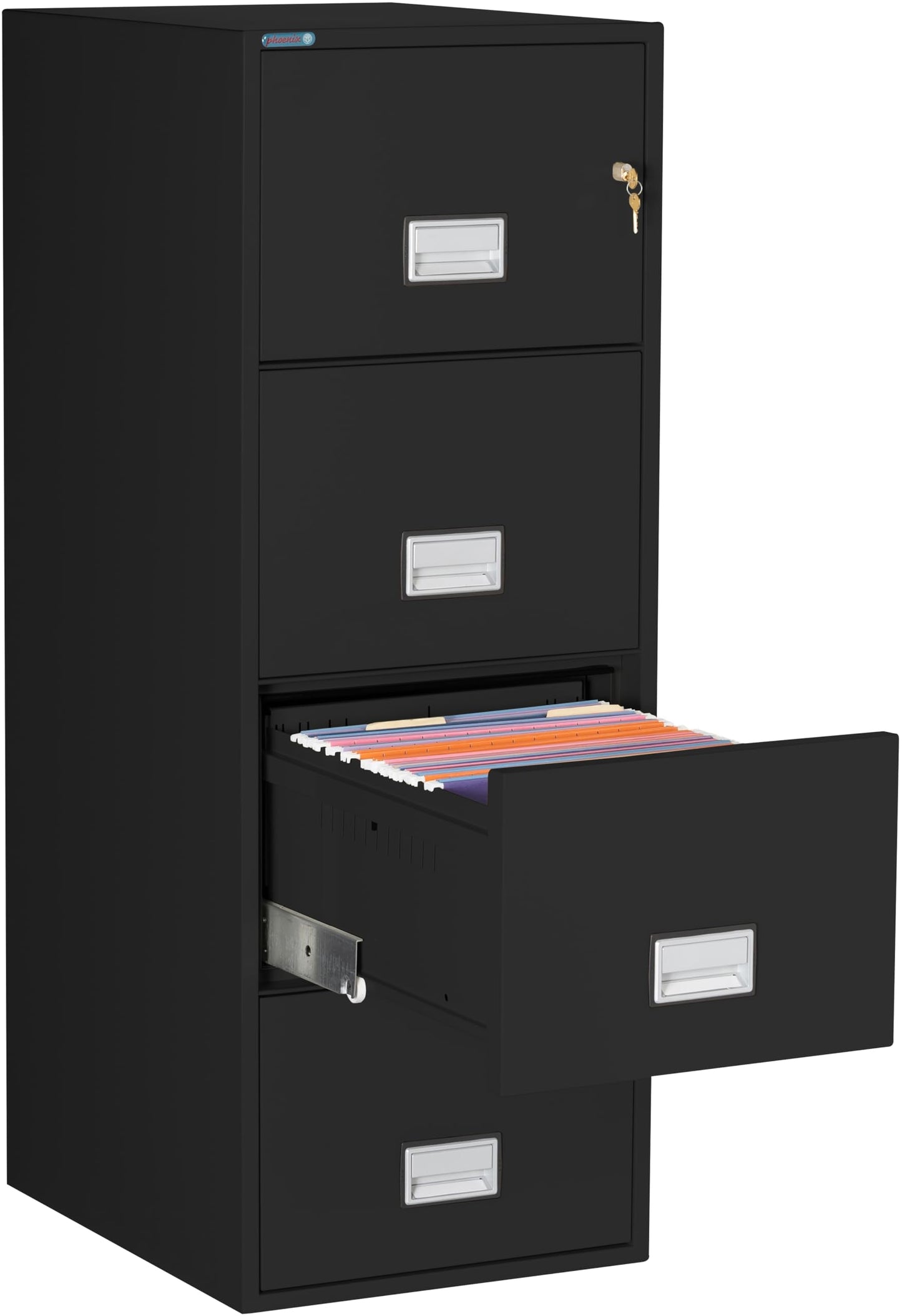 Phoenix Safe 25 inch 4-Drawer Vertical Fireproof File Cabinet – Legal and Letter Size Filing – Key Lock – Water Resistant Seal – Fire and Impact Rated – Black Finish – Model LGL4W25B