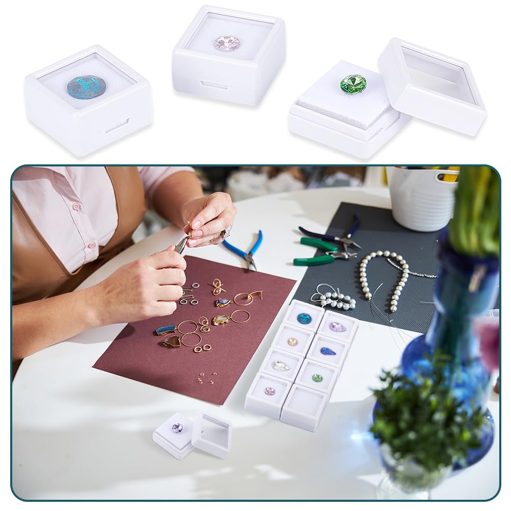 BENECREAT 70pcs White Gemstone Display Box, Plastic Transparent Bare Stone Box Square Gem Box 1.2x0.63 Inch for Gemstone, Jewelry, Crystal Diamond Accessories Display