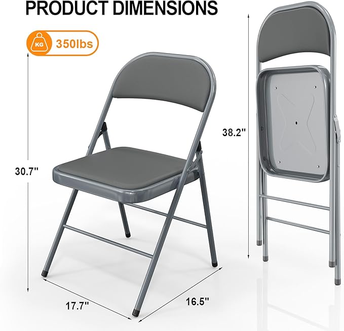 VINGLI 4 Pack Folding Chairs with Padded Seats, Metal Frame with Pu Leather Seat & Back, Capacity 350 lbs, Gray