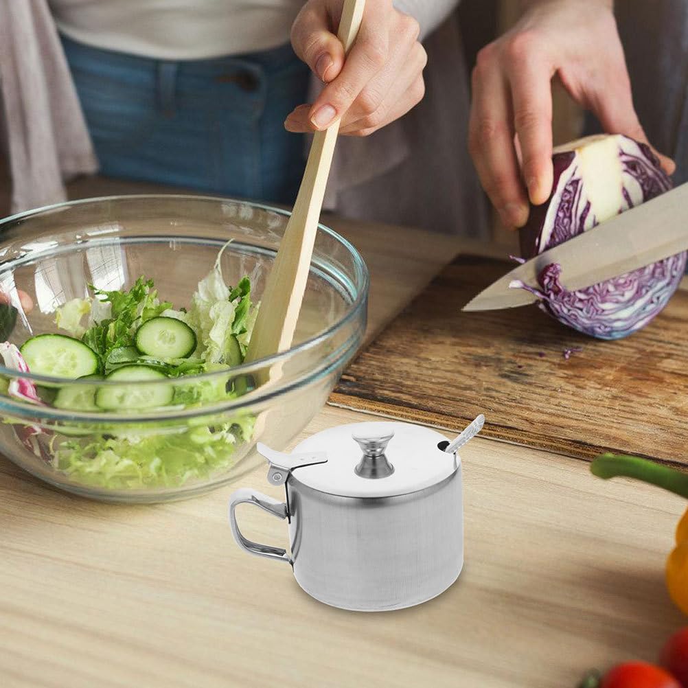 CATIEBYE Stainless Steel Sugar Bowls Set of 3 with Lids and Spoons Multi-Purpose Condiment Containers for Kitchen Countertop Storage Sugar Salt Pepper Spice Bowls 3.54X2.75X2.55 Inch