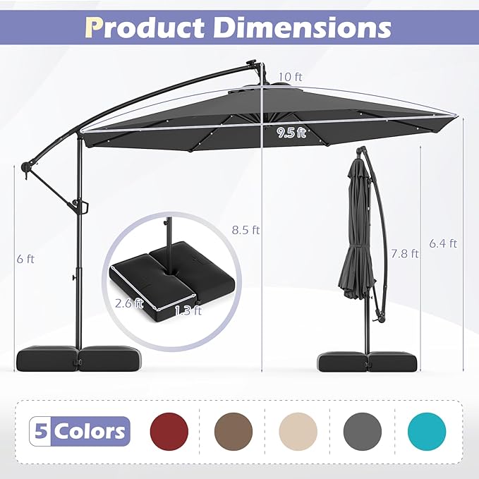 Tangkula 10ft Solar LED Patio Umbrella with Base, Offset Cantilever Outdoor Umbrella with 32 LED Lights, Infinite Tilt, 360 Degree Rotation, Crank Handle for Pool Deck Garden Backyard (Gray)