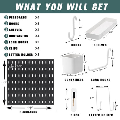 RIVTUN Pegboard Combination Kit for Wall Organizer, Wall Mounted Peg Board Kits for Kitchen, Bedroom, Office, &Bathroom, 4 Pieces Black Pegboards and 14 Accessories, 22" x 22"