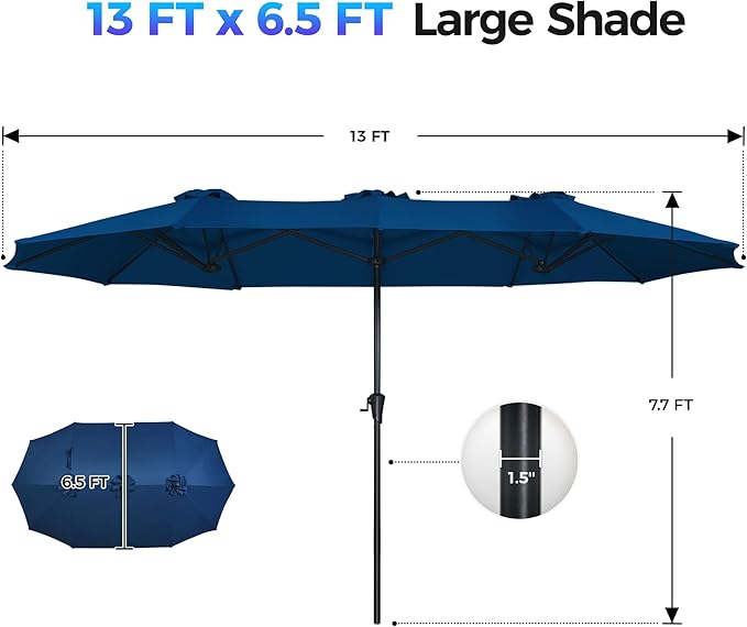 SUPERJARE 13FT Outdoor Umbrella for Patio, Double sided Pool Umbrellas with Fade Resistant Canopy, Large Table Umbrella for Deck, Market, Backyard - Navy Blue