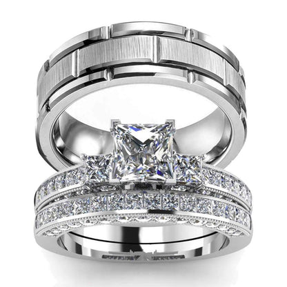 His Hers Wedding Ring Sets Couples Matching Rings Women's 10k White Gold Filled Heart CZ Wedding Engagement Ring Bridal Sets & Men's Tungsten Carbide Wedding Band