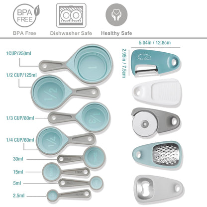 Kitchen Gadgets Set 13 Piece, Space Saving Cooking Tools Includes Cheese Grater, Pizza Cutter, Peeler, Bottle Opener, Garlic Grinder, Collapsible Measuring Cups Spoons for Small Kitchen RV Camp