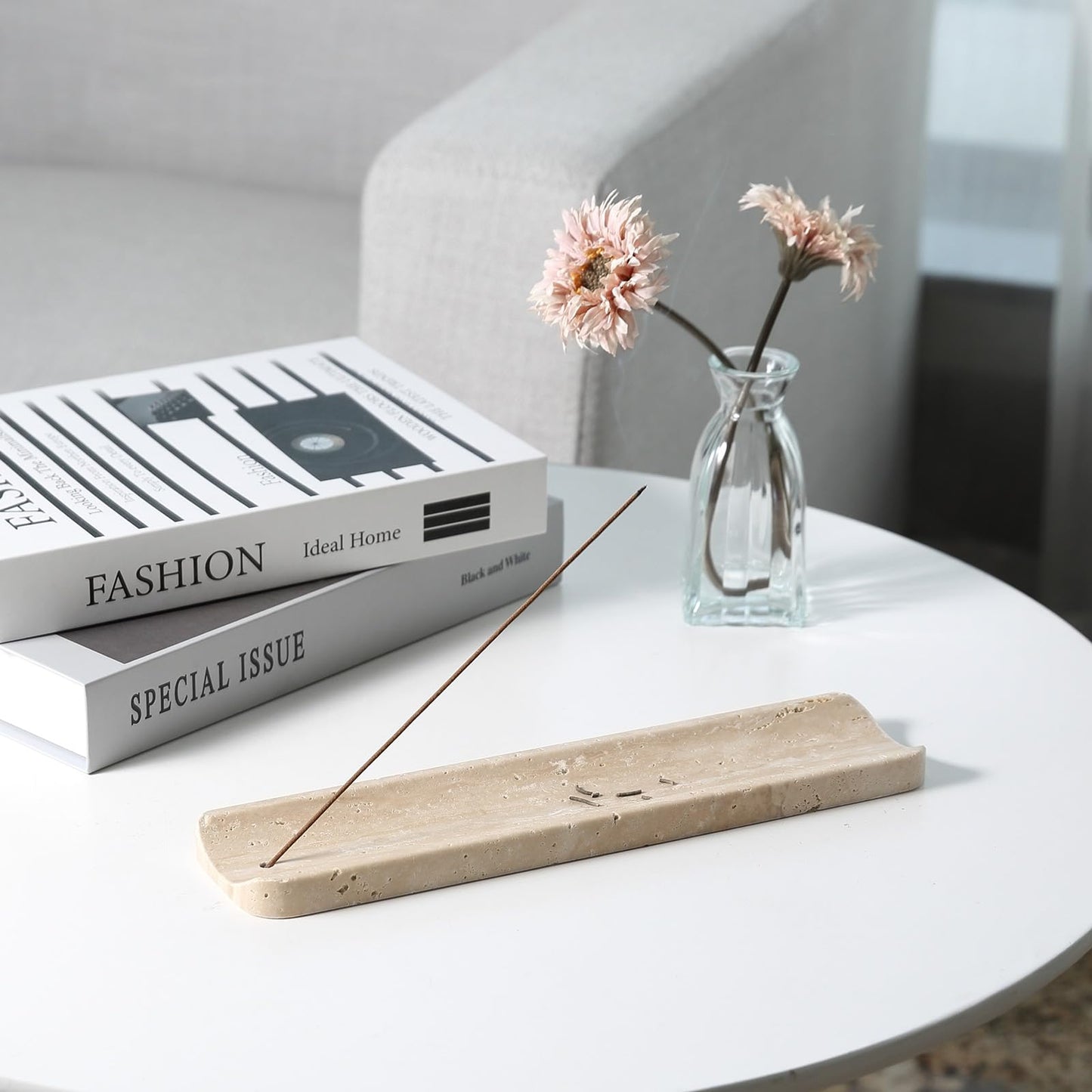 Koville Marble Incense Holder, Incense Holder for Sticks, Incense Sticks Holder Ash Catcher for Meditation Yoga SPA, Natural Stone Incense Burner, Home Table Decor (Travertine)