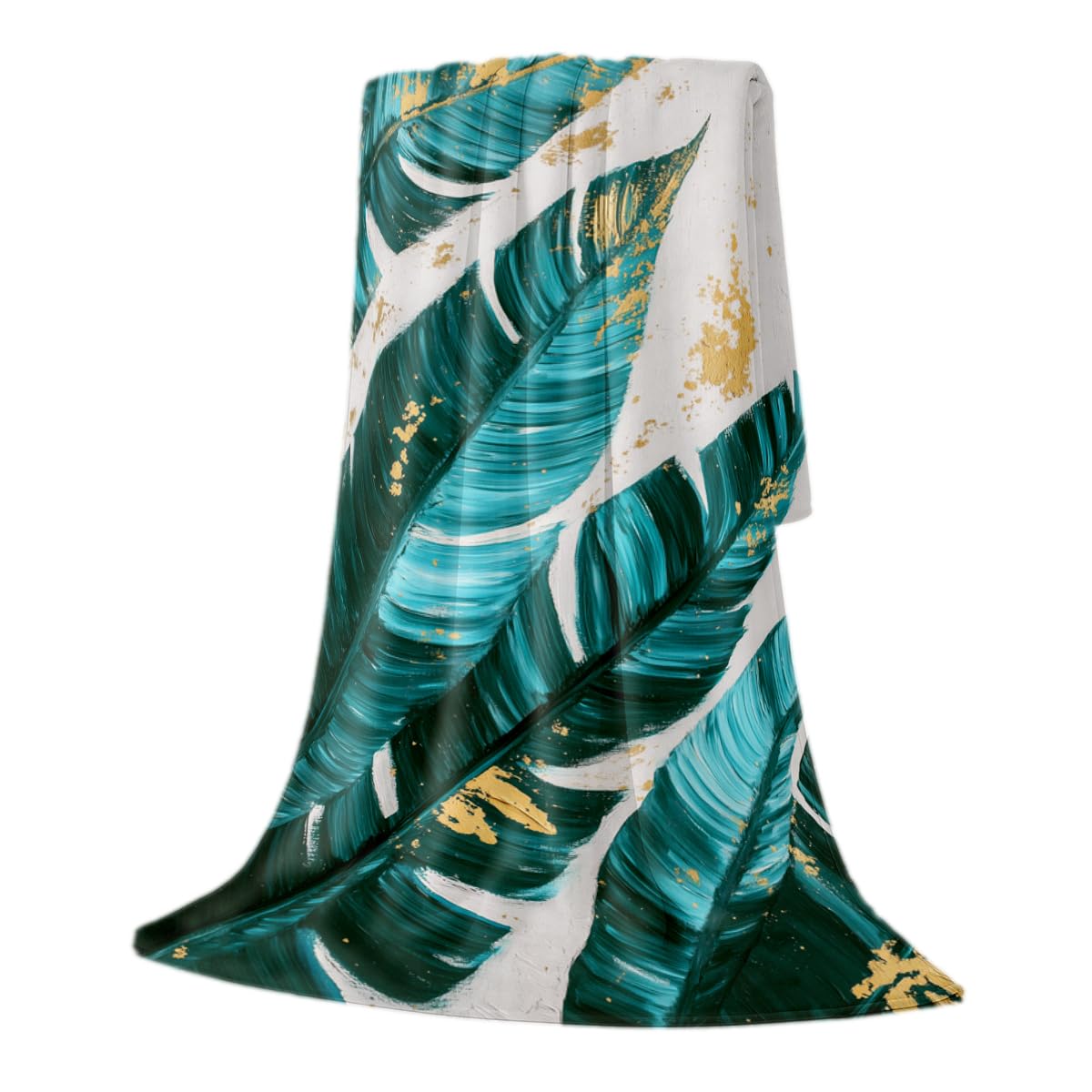 HUNXIAOJ Tropical Blankets and Throws Tropical Plant Blanket for Couch Bed Room Home Decor Tropic Leaf Throws Teal Gold Botanical Decor Flannel Gifts for Women Adults Kids 49"x59"