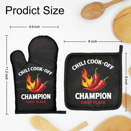 DYJYBMY Chili Cook-Off Champion First Place Funny Oven Mitts and Pot Holder Set for Baking Cooking, Chili Champion Gifts, Perfect Cooking Housewarming Baking Gifts for Women Men Dad Friend