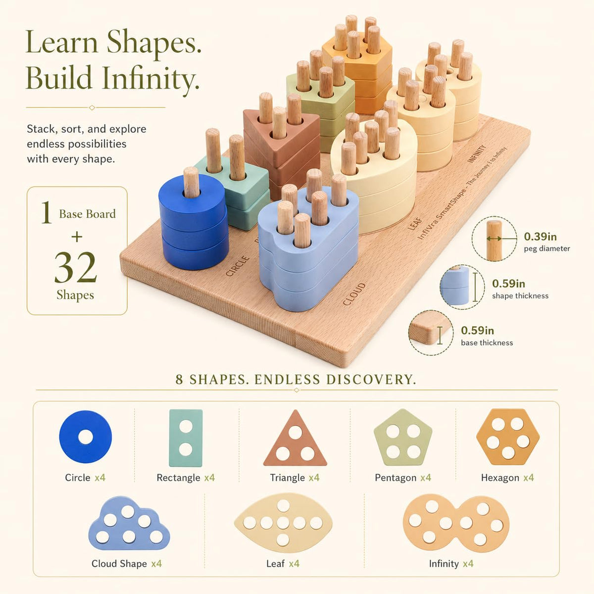 Infivra SmartShape — Montessori Wooden Shape Sorter with Cloud, Leaf & Infinity Shapes, Progressive 1-to-8 Peg Stacking Board for Toddlers 1-5, Fine Motor Learning Toy & Heirloom Gift