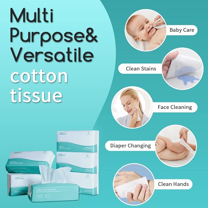 Saraflora 100% Cotton Facial Tissue Soft Dry Wipe 6 Pack, Use
