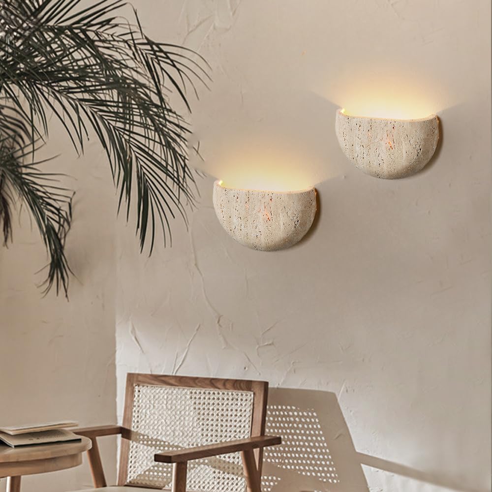 WOSBO Yellow Travertine Wall Sconce, 7.87" Wabi Sabi Light Fixture with Half Moon Natural Stone Lampshade Japanese Style Marble Wall Sconce Perfect for Kitchen Island Bedroom Living Room Farmhouse
