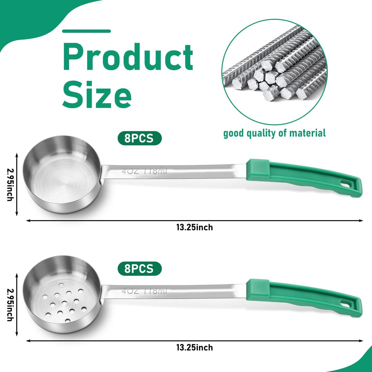 Teenyyou 16 Pcs Portion Control Serving Spoons, Restaurant Measuring Serving Ladle Utensils, Portion Control Slotted Scoops for Weight Loss, Solid and Perforated Scoops(Green,4 oz)