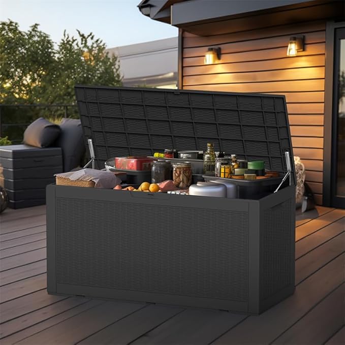 ROJIK Outdoor Storage Housing Deck Box - Waterproof Patio Furniture, Garden Tools, Cushions, Pool Accessories Storage Bench with Lockable Lid and Side Handles (Black 110 Gal)
