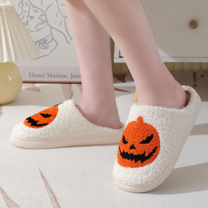 V OPXIN Halloween Slippers for Women Men Pumpkin Spooky Ghost Slippers Cozy Plush Warm Slip-on House Slippers Shoes for Indoor Outdoor Halloween Gifts