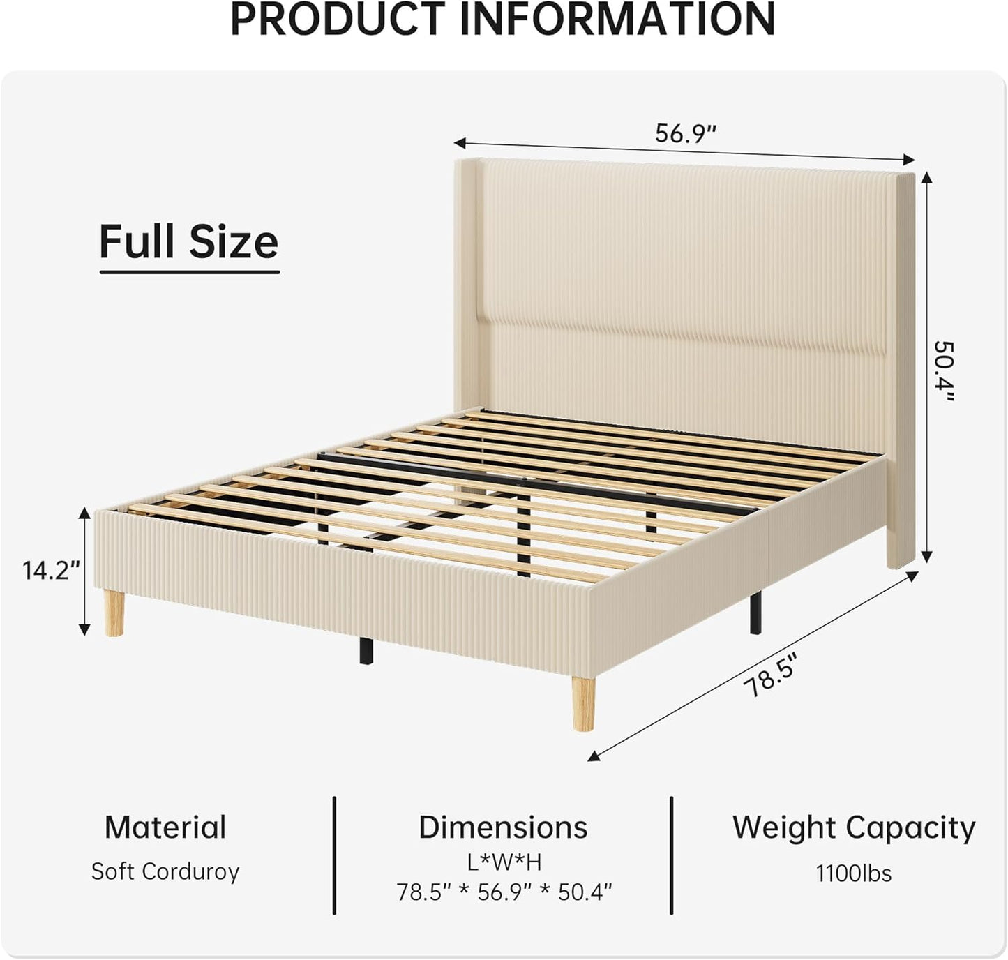 GAOMON Upholstered Bed Frame with Tall Wing-Back Headboard, Full Size Corduroy Bed Frame with Sturdy Wooden Slats, No Box Spring Needed, Noise Free, Easy Assembly, Beige