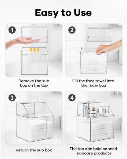 TAINESS Disposable Facial Towels Storage Box Compatible with Clean Skin Club Clean Towel XL-Cotton Pads-Swabs Upgraded Double Layer Face Towel Holder Acrylic Storage Container Valentine's Day Gifts