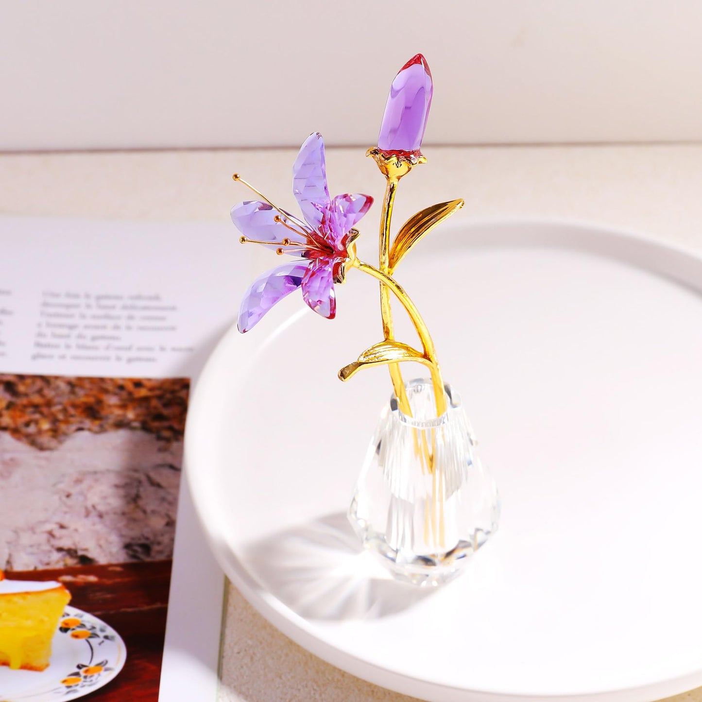YWHL Purple Lily Flower Gifts for Women, Handmade Crystal Lily Flower Figurine Collectible with Vase, Home Wedding Party Decor