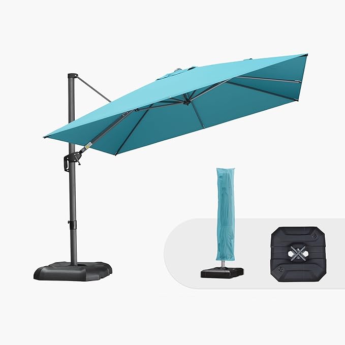 PURPLE LEAF 10'×10' Patio Umbrella with Base and Cover Outdoor Umbrella Large Cantilever Windproof Offset Heavy Duty Sun Umbrella for Garden Deck Pool Patio Turquoise Blue