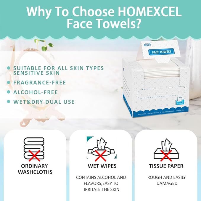 HOMEXCEL Face Towels, Disposable Face Towelette, Biodegradable Makeup Remover
