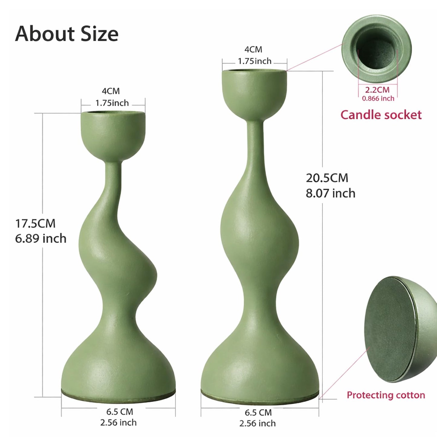 Smtyle Taper Candle Holders Set of 2 Sculptural Cast Aluminum Candlestick Holders, Modern Minimalist Sage Green Candle Stand for Dining Table, Living Room, Shelf Decor