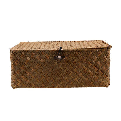 Wicker Storage Basket Woven Rattan Storage Box With Lids Seagrass Laundry Baskets Makeup Organizer For Bathroom, Living Room, Kitchen (M)