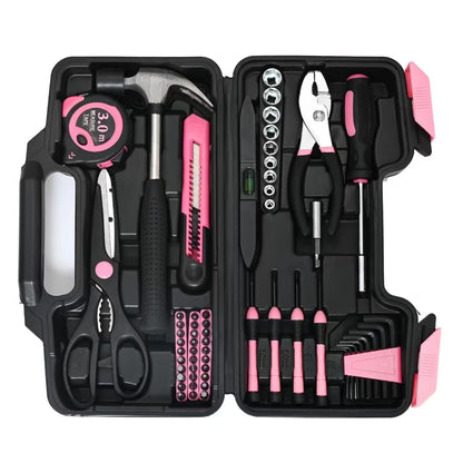 GETFOO 144-Piece Pink Tool Kit Basic Home Repair Tool Set General Household Hand Tool Kit Small Tool Kit with Plastic Toolbox basic home tool kit for Women, Office & College Repairs
