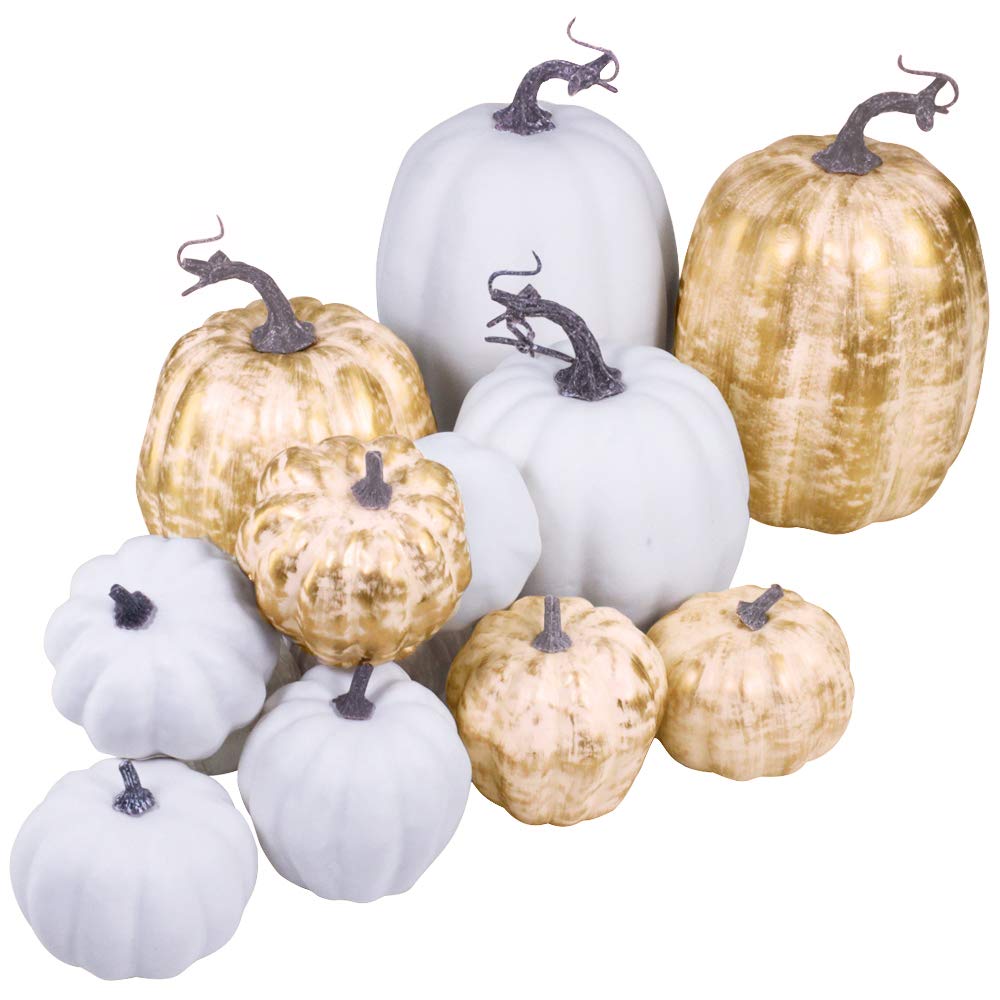 14 Pcs Assorted Fall Artificial Pumpkins Harvest Frosted Pumpkins Gold Brushed White Foam Pumpkins and White Faux Pumpkins for Fall Autumn Season Halloween Thanksgiving Harvest Holiday Season Festive