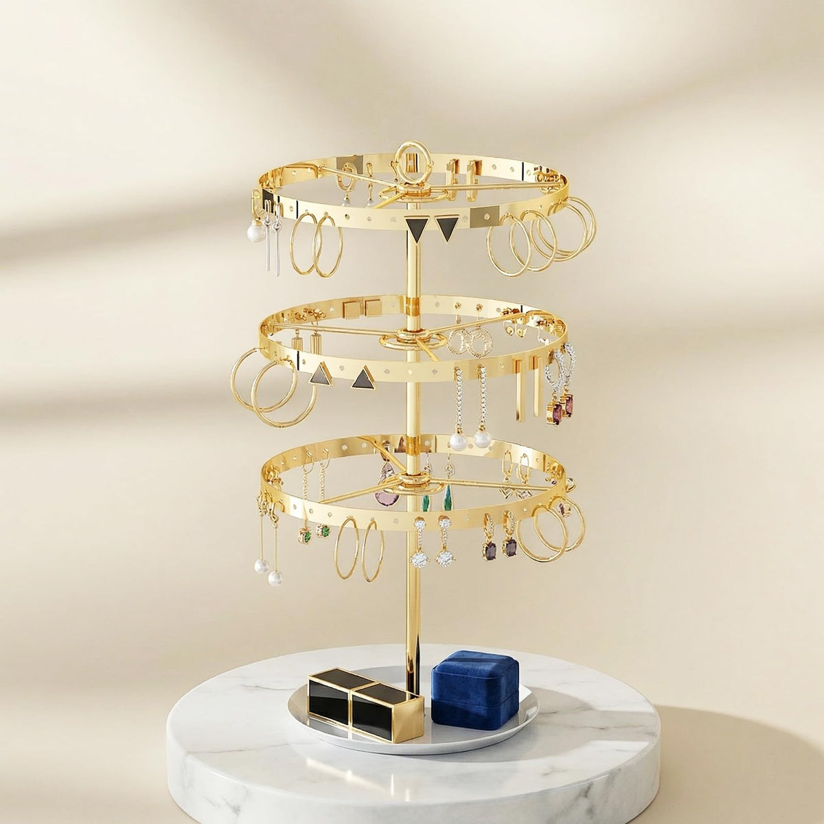Gghenda 3-Tier Metal Earring Organizer Stand, 360° Rotation, 126 Holes, T-Shape Display Rack (Gold)