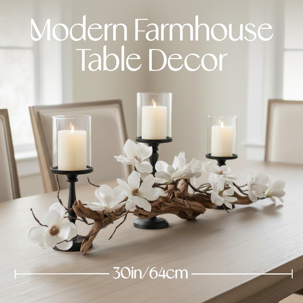 Modern Dining Table Centerpiece, Magnolia Driftwood Candle Holder Set Black