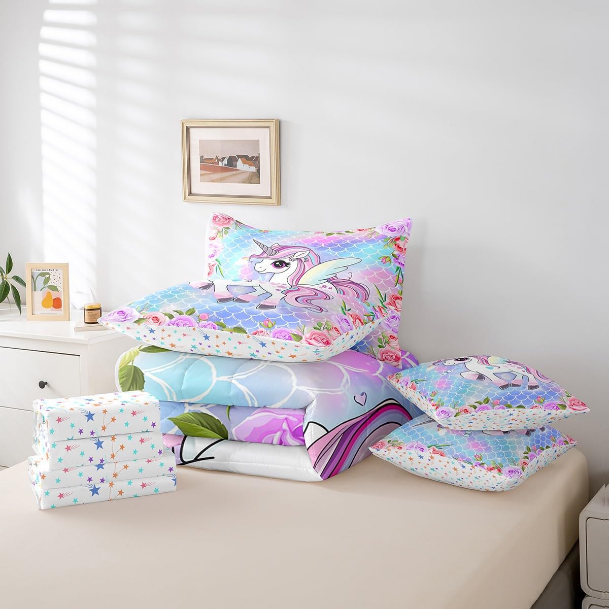 Cute Unicorn 7Pcs Comforter Set Full Size,Mermaid Scales Bedding Sets for Kids Girls Boys,Pink Purple Flower Bed in a Bag Dreamy Animals Fitted Sheet Flat Sheet,2 Throw Pillow 2 Pillowcases