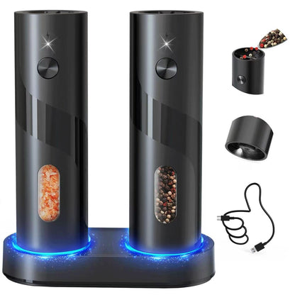 CIRCLE JOY Rechargeable Electric Salt and Pepper Grinder Set Automatic Pepper Mill Grinders with Charging Base, Adjustable Coarseness, 110ml Capacity and White LED Light, Black