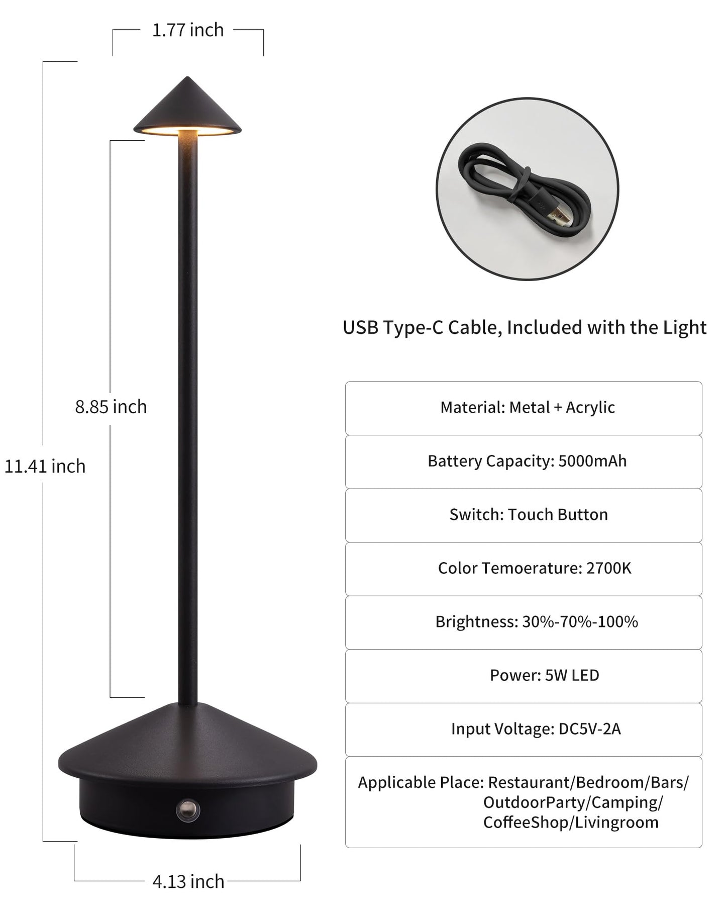 NEWSEE Modern Cordless Table Lamp Set of 2, Portable LED Desk Lamps, 5000mAh Rechargeable Battery Operated Lighting for Bedroom Dining Room Restaurant Coffee Shop Camping Night Light (Black)