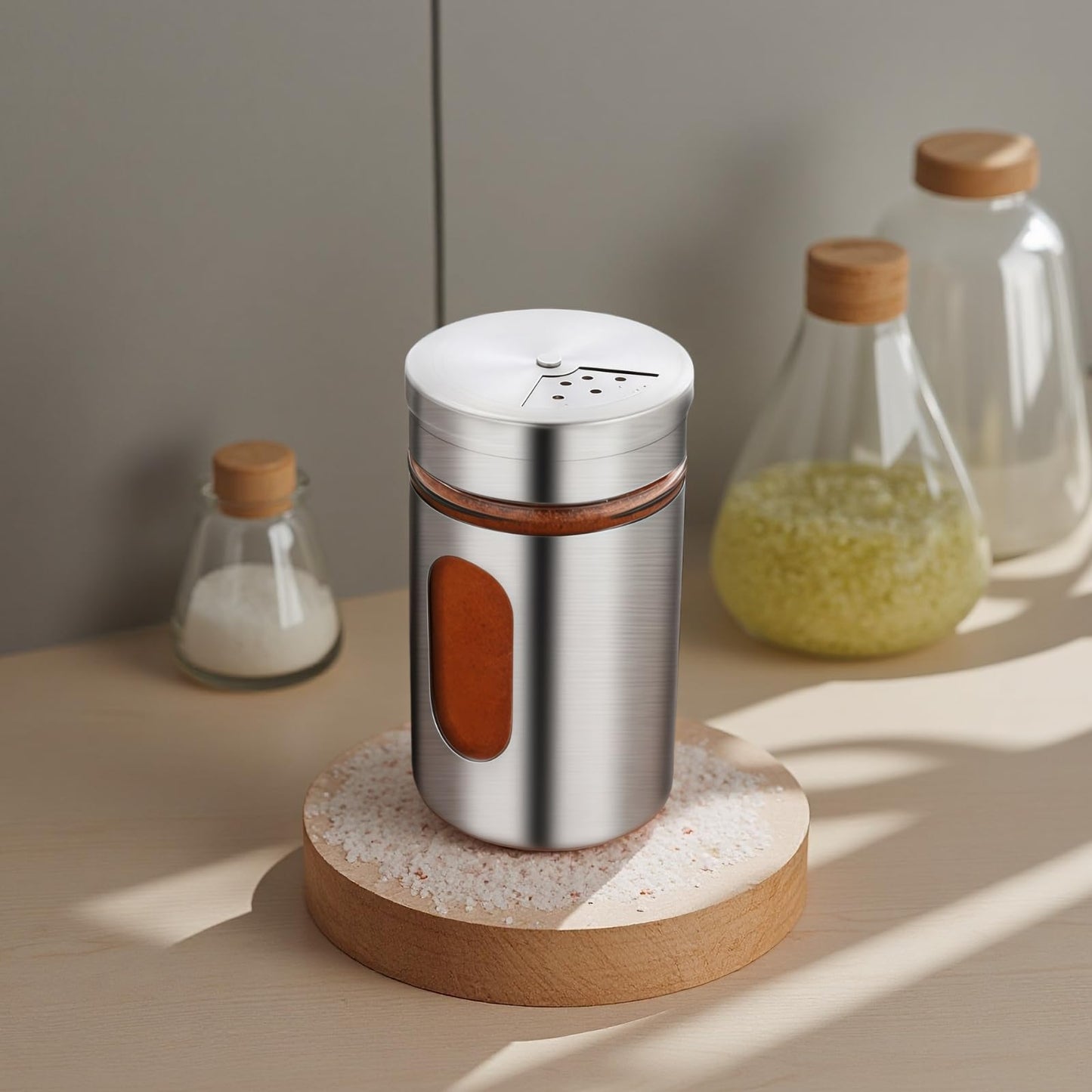 4 Pcs Salt and Pepper Shakers, Stainless Steel Kitchen Spice Dispensers with Adjustable Pour Holes, Clear Viewing Window, Mini Spice Jars for Salt, Pepper, Sugar, Cinnamon