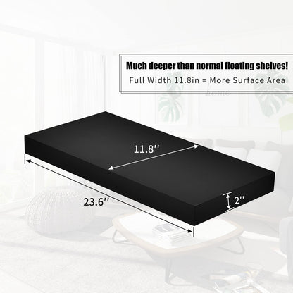 WELLAND 12" Deep Floating Wall Shelf, Black Floating Shelf Display Floating Shelf, 23.62" L x 11.81" D x 2" T, Deeper Than Others, Black