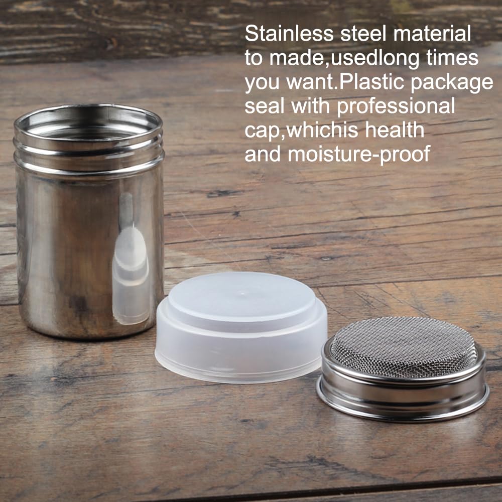 2 Pcs Stainless Steel Dredges and Powdered Shaker with 16 pcs Printing Molds Stencils, SENHAI Salt Pepper Coffee Cocoa Cinnamon Power Can with Hole or Fine-Mesh Lid for Kitchen Baking Cooking