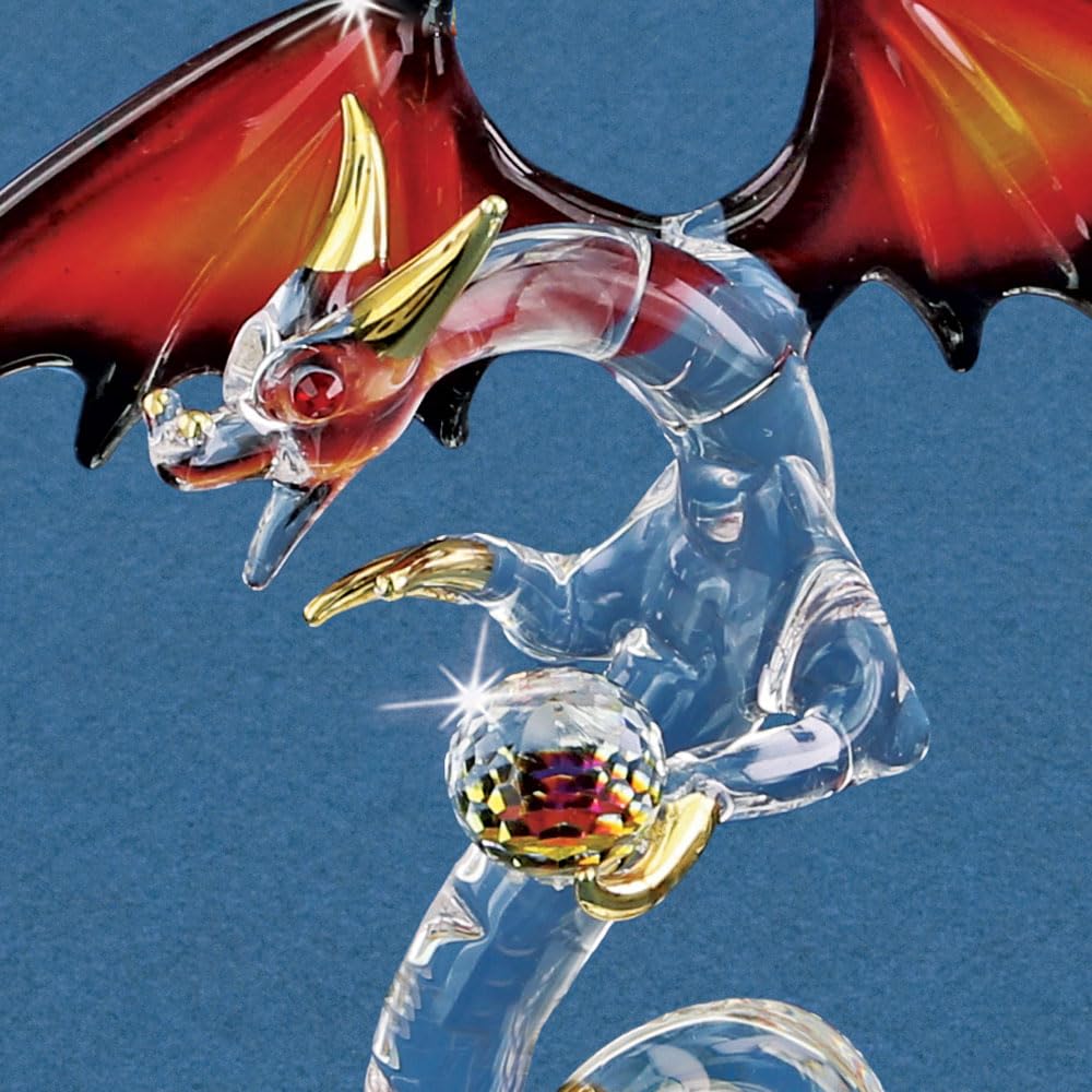 Glass Baron Dragon Crystal Fury Glass Figurine, Hand Blown & Sculpted with 22K Gold Accents & Beveled Mirror Base, Collectible Ornament for Home Decor Table Centerpiece