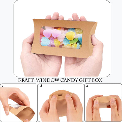 80 Pcs Pillow Gift Boxes with Windows,Kraft Paper Mini Pillow Packaging Box, Creative Favor Box Folding Treat Boxes with Clear Window for Bakery Candy Chocolate Jewelry Display Wedding Party Favor