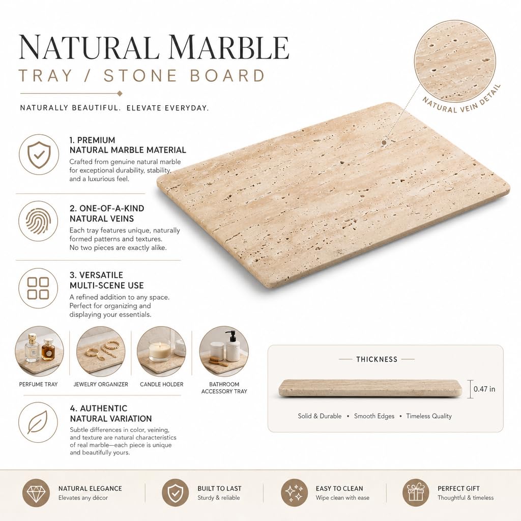Natural Marble Board，Bathroom Trays Perfume Tray Jewelry Candle Plate (Travertine, 9.8 * 4.7 in)