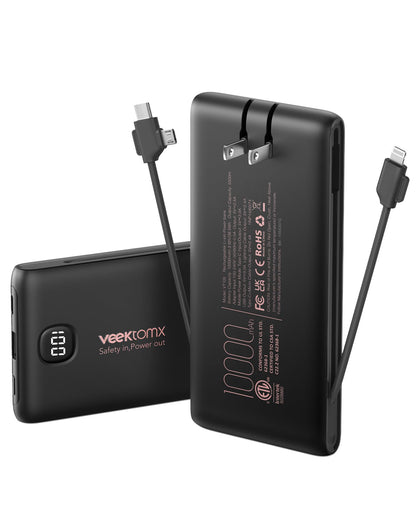 Portable Charger Power Bank Built in Cables and Wall Plug, 10000mAh iPhone Battery Pack Fast Charging, USB C External Slim Power Bank, Travel Essentials Compatible with iPhone 17 16 15 14 iPad, Black