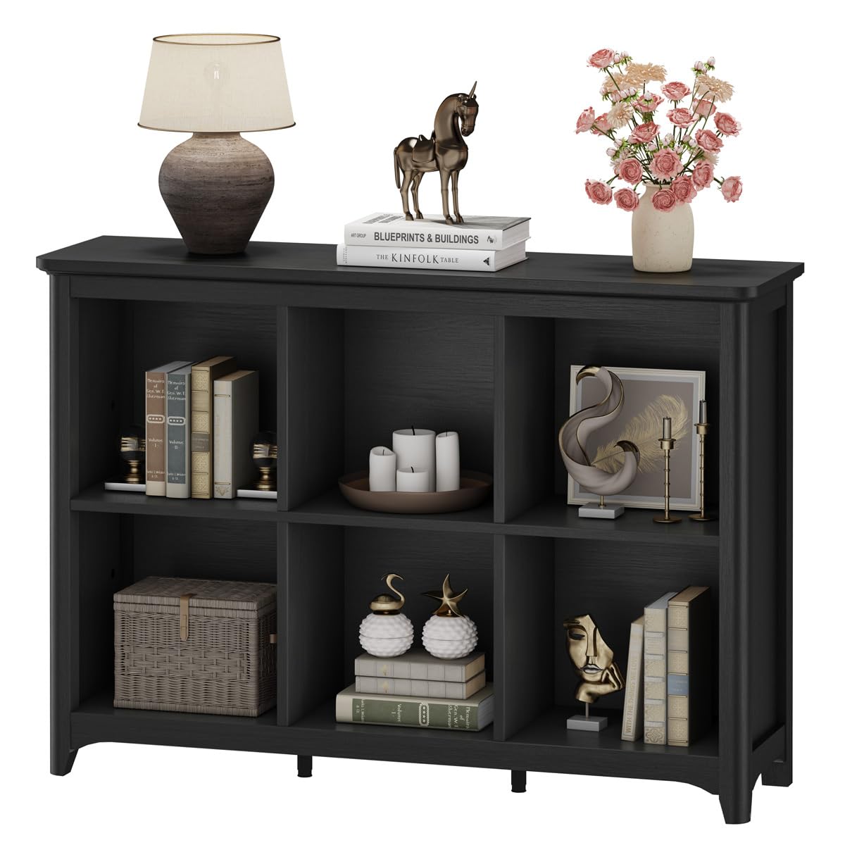 BON AUGURE 6 Cube Storage Organizer Bookcase, Horizontal Bookshelf with Curved Edge, Floor Standing Low Wooden Book Shelf for Living Room, Office -Black Oak, 43"
