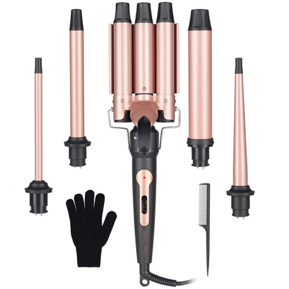 Wand Curling Iron Hair Crimper, Emocci Pro Large 3 Barrel (0.35"-1.25" Ceramic Barrel) Hair Crimper for Women Beach Waves Instant Heat Hair Waver Set for Long Hair Curlers 5-in-1 Curling Wand Set