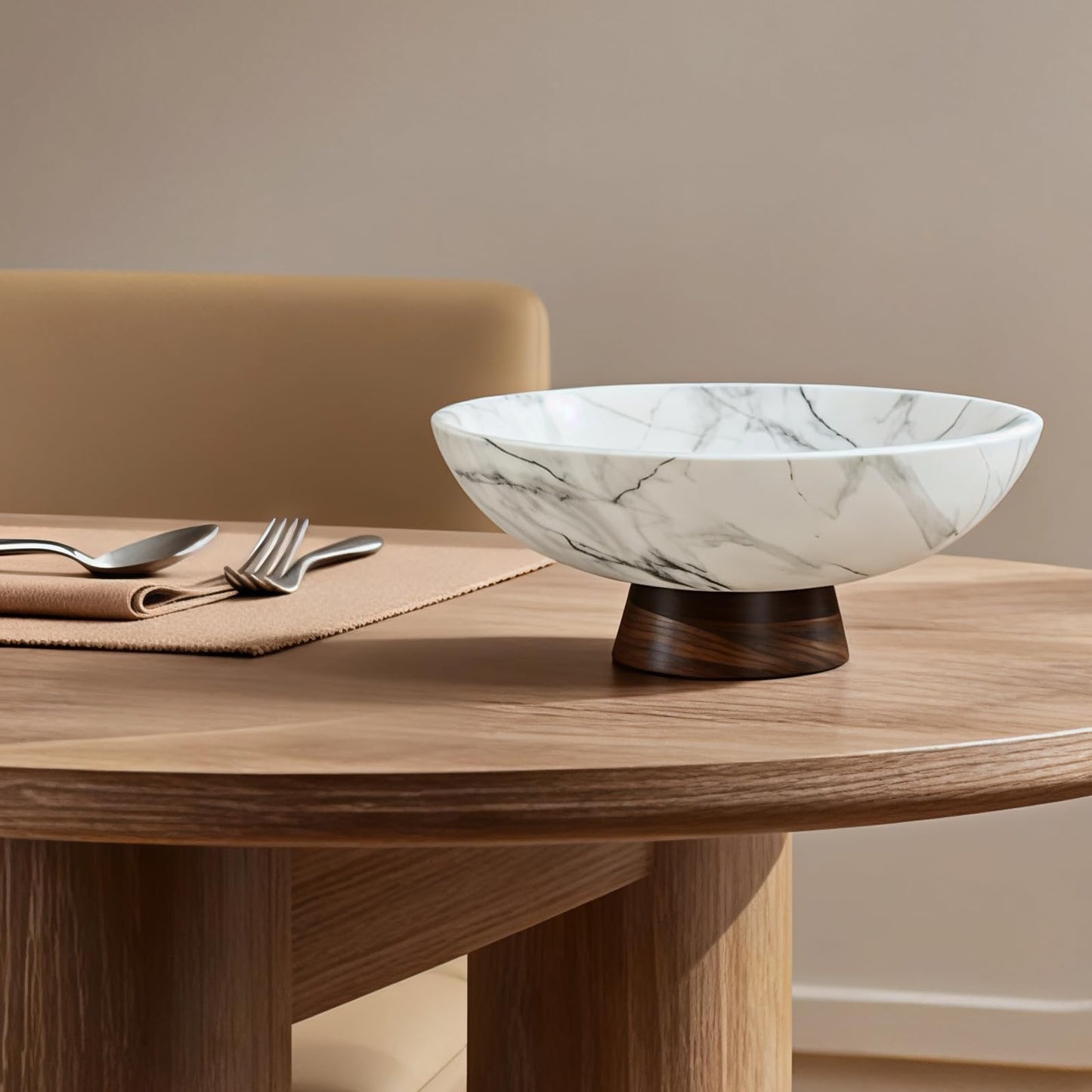 LFLKPY White Marble Texture Decorative Bowl with Acacia Wood Base – 11" Modern Pedestal Fruit Bowl for Table Centerpiece, Entryway or Kitchen Décor