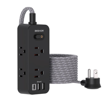 Power Strip Surge Protector, BESHON 5Ft Extension Cord, 6 Outlets with 4 USB Ports (2 USB C Outlet), 3-Side Outlet Extender, Wall Mount, Compact for Travel, Home, School, College Dorm Room and Office