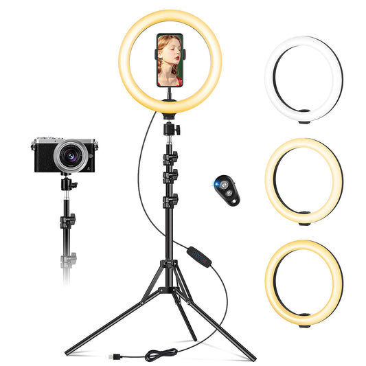 10 inch Ring Light with Tripod Stand & Phone Holder, Selfie Ringlight with Remote for Phone, 70" Tall Circle Light, LED Ring Lamp for Makeup, Video Recording, Conferencing, TikTok, Twitch