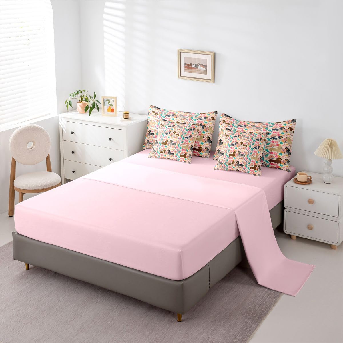 Dachshund Decor Pink Floral Queen Comforter Set with Sheets | Dachshund Gifts for Women Puppy 7 Piece Bedding Set Lovely Pup Dog Flowers Bed in a Bag, Dog Lover Cute Pet Doggy Animal Room Decor