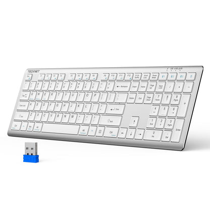 TECKNET Bluetooth Keyboard Rechargeable, 4-Device Free Switching (2.4G+BT), Ultra-Slim Full Size Wireless Keyboard, Quiet Typing, for PC/Laptop/Smart TV/Phone, Adjustable Stand, 12 Multimedia Keys