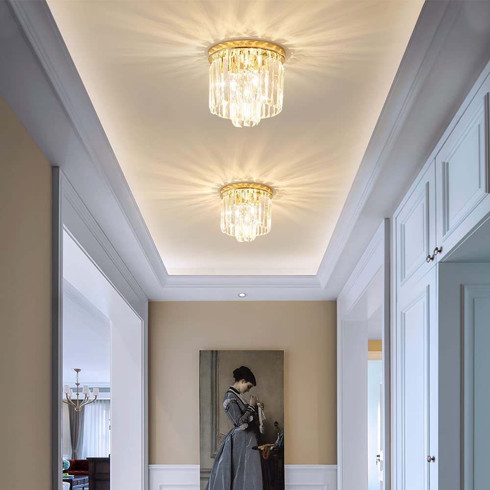 Gopmmy Modern Ceiling Light Crystal Chandelie,2-Tier French Gold Flush Mount Pendant Lighting Fixture for Kitchen Island Light Living Room Bedroom (3-Lights)